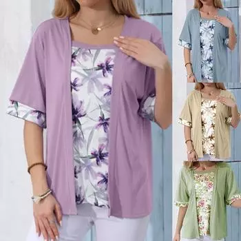 Футболки больших размеров, женские, модные, элегантные, в стиле пэчворк, поддельные, двухсекционные, летние, повседневные, с принтом, с коротким рукавом, женские, свободные топы XL небесно-голубой