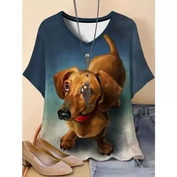 Футболки больших размеров, женские, с короткими рукавами, с 3D-принтом, праздничный животный узор, выходные, базовая футболка с V-образным вырезом, лето XL