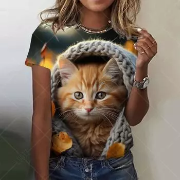 Футболки больших размеров, женские, с короткими рукавами, с 3D-принтом, праздничный узор в виде кошки или животного, для выходных, базовая футболка с круглым вырезом, лето 7XL
