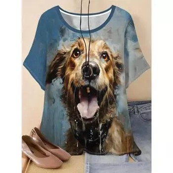 Футболки больших размеров, женские, с короткими рукавами, с 3D-принтом, праздничный узор с изображением собак и животных, для выходных, базовая футболка с круглым вырезом, лето 7XL