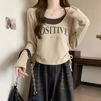 Футболки большого размера с имитацией двух частей с надписью Y2K, женские корейские свитера с длинным рукавом, весна-осень L чёрный