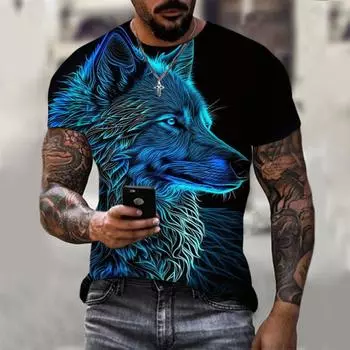 Футболки большого размера с изображением свирепого волка, летние трендовые футболки с животными в стиле Харадзюку, футболка с 3D принтом для мужчин, модные топы с круглым вырезом и короткими рукавами 6XL