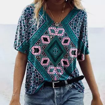 Футболки большого размера в ацтекском этническом стиле с 3D принтом, летние женские футболки, одежда в индийском стиле, футболка с v-образным вырезом и коротким рукавом, повседневный свободный топ S