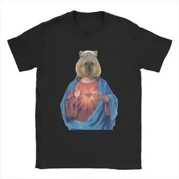 Футболки Capybara Jesus для мужчин, новинка, футболки из чистого хлопка, с круглым вырезом, с коротким рукавом, размеры 4XL 5XL 6XL, одежда S чёрный