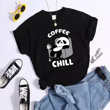 Футболки Coffee And Chill Kawaii Panda, женская уличная футболка для творчества, мягкая повседневная футболка, крутые укороченные топы в стиле хип-хоп S чёрный