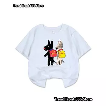 Футболки для детей из хлопка с изображением собаки и рюкзака. Летние модные милые узоры с коротким рукавом, приятные для кожи. 100cm