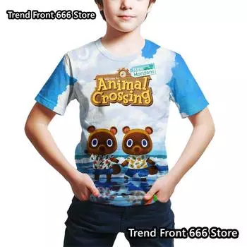 Футболки для детей с принтом Animal Crossing 3D, летние футболки для мальчиков и девочек с принтом из мультфильмов, детские футболки с коротким рукавом и круглым вырезом 100cm