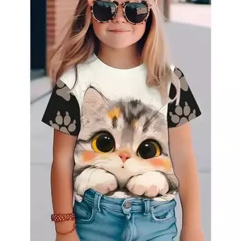 Футболки для девочек, футболки для отдыха с изображением кошек, топы для мальчиков и детей, модные милые детские футболки с короткими рукавами и рисунком животных 110