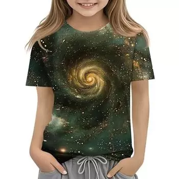 Футболки для девочек, летняя повседневная детская футболка с короткими рукавами и круглым вырезом с принтом звездного неба 3D 110