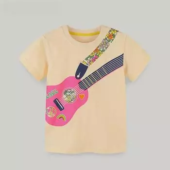 Футболки для девочек с принтом гитары на лето — хлопок, круглый вырез, европейский и американский стиль, для детей от маленького до среднего возраста (25 пакетов) 115cm - 5 Years