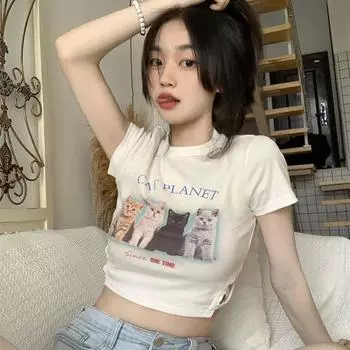 Футболки для девочек Y2K, футболки с мультяшным принтом для женщин, сексуальные женские футболки, модные топы для женщин S