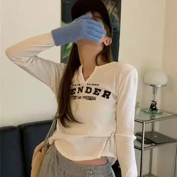 Футболки для девочек Y2K Футболки с принтом для женщин Модная женская одежда для вечеринок Клубные топы Женские футболки с длинным рукавом S чёрный