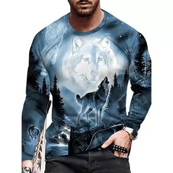 Футболки для мужчин Крутой 3D-принт с изображением волка Винтажная уличная одежда Футболка свободного покроя с круглым вырезом Топы Повседневная футболка с длинным рукавом Одежда L