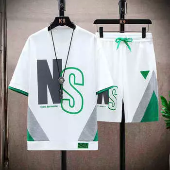 Футболки для мужчин, одежда, повседневный шелковый мужской комплект с градиентом, футболка, летние мужские спортивные шорты для бега из двух предметов, спортивные шорты оверсайз 5XL