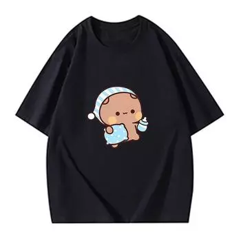 Футболки для пар Kawaii Cute BuBu Panda Going To Sleep with DuDu Bear Graphic T Shirt Funny Cotton Women Unisex Clothes Short sleeve 4XL чёрный