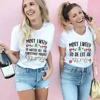 Футболки для вечеринки друзей, женская рождественская мода, принтованная уличная одежда, футболка с коротким рукавом, белые повседневные топы, свободная футболка из хлопка S