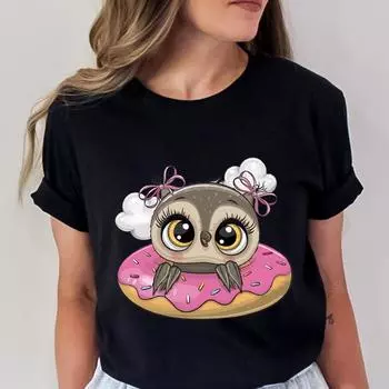 Футболки для женщин Harajuku Ulzzang Kawaii футболки одежда женские топы с рисунком совы и пончиками футболка женская футболка для девочек одежда S чёрный