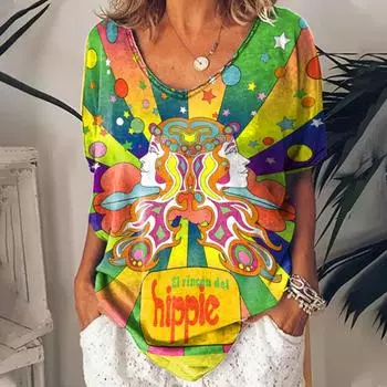 Футболки для женщин Лето 2025 Хиппи женская футболка Топ с пайетками Модные топы с коротким рукавом и принтом Большие размеры Свободные футболки Рубашка XS
