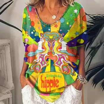 Футболки для женщин Лето 2025 Хиппи женская футболка Топ с пайетками Модные топы с коротким рукавом и принтом Большие размеры Свободные футболки Рубашка 3XL