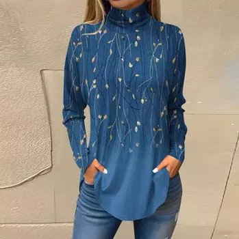 Футболки для женщин, осенние повседневные рубашки с длинными рукавами, толстовка с винтажным принтом, топ с высоким воротом, пуловер L синий