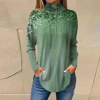 Футболки для женщин, осенние повседневные рубашки с длинными рукавами, толстовка с винтажным принтом, топ с высоким воротом, пуловер L армия зеленый