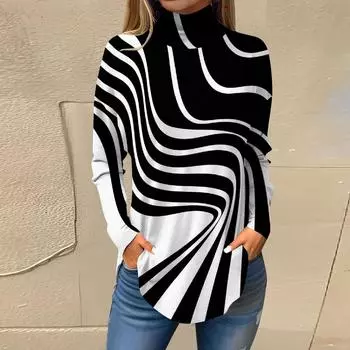 Футболки для женщин, осенние повседневные рубашки с длинными рукавами, толстовка с винтажным принтом, топ с высоким воротом, пуловер L чёрный