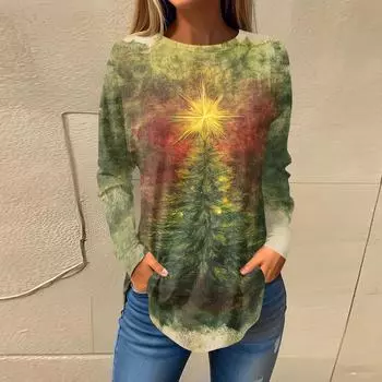 Футболки для женщин, осенние повседневные рубашки с длинным рукавом, толстовки с винтажным графическим принтом, топы, пуловеры, рождественские L армия зеленый