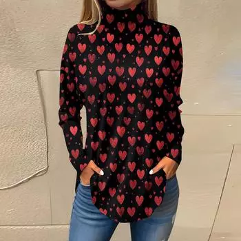Футболки для женщин, осенние повседневные рубашки с длинным рукавом, толстовка с принтом, топ с высоким воротом, пуловер L чёрный