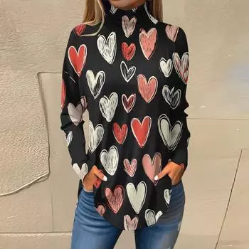 Футболки для женщин, осенние повседневные рубашки с длинным рукавом, толстовка с принтом, топ с высоким воротом, пуловер L чёрный