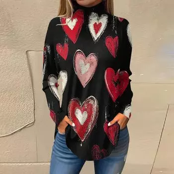 Футболки для женщин, осенние повседневные рубашки с длинным рукавом, толстовка с принтом, топ с высоким воротом, пуловер L чёрный