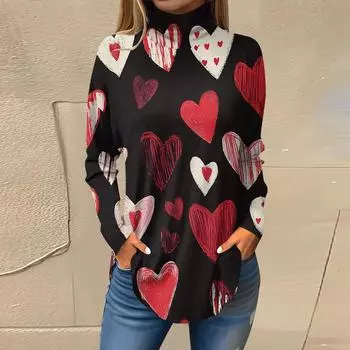 Футболки для женщин, осенние повседневные рубашки с длинным рукавом, толстовка с принтом, топ с высоким воротом, пуловер L чёрный
