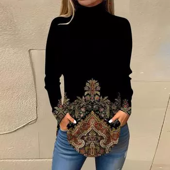 Футболки для женщин, осенние повседневные рубашки с длинными рукавами, толстовка с винтажным принтом, топ с высоким воротом, пуловер XXXL чёрный