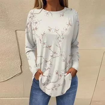 Футболки для женщин, осенние повседневные рубашки с длинным рукавом, толстовка, винтажный топ с графическим принтом, пуловер L бежевый