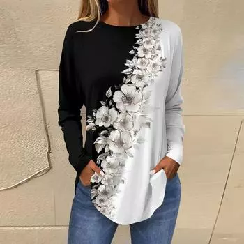 Футболки для женщин, осенние повседневные рубашки с длинным рукавом, толстовка, винтажный топ с графическим принтом, пуловер XXXL чёрный