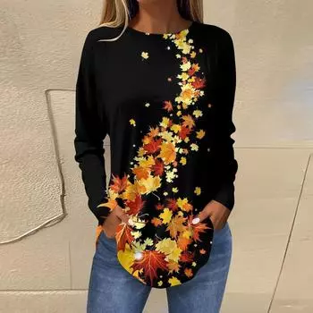 Футболки для женщин, осенние повседневные рубашки с длинным рукавом, толстовка, винтажный топ с графическим принтом, пуловер L чёрный