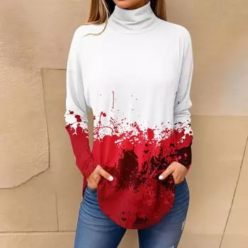 Футболки для женщин, осенние повседневные рубашки с длинными рукавами, толстовка с винтажным принтом, топ с высоким воротом, пуловер XXL