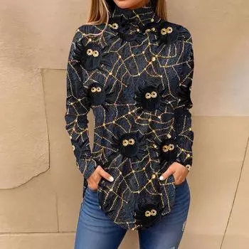 Футболки для женщин, осенние повседневные рубашки с длинными рукавами, толстовка с винтажным принтом, топ с высоким воротом, пуловер M