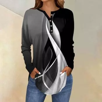 Футболки для женщин, осенние повседневные рубашки с длинным рукавом на пуговицах, толстовки с винтажным графическим принтом, топ-пуловер L чёрный