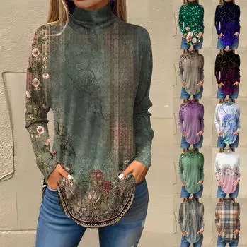 Футболки для женщин, осенние повседневные рубашки с длинными рукавами, толстовка с винтажным принтом, топ с высоким воротом, пуловер L
