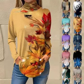 Футболки для женщин, осенние повседневные рубашки с длинными рукавами, толстовка с винтажным принтом, топ с высоким воротом, пуловер M темно-зеленого