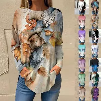 Футболки для женщин, осенние повседневные рубашки с длинными рукавами, толстовка с ретро-принтом, топ, пуловер L чёрный