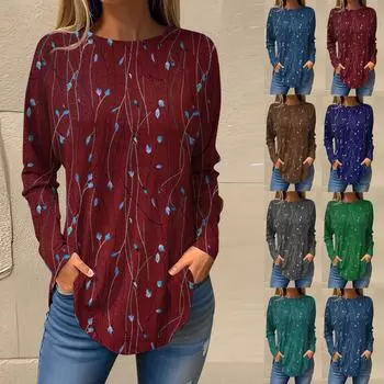 Футболки для женщин, осенние повседневные рубашки с длинными рукавами, толстовка с ретро-принтом, топ, пуловер S синий