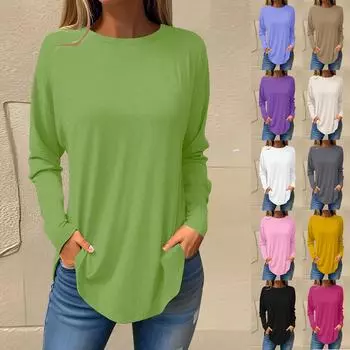 Футболки для женщин, осенние повседневные рубашки с длинными рукавами, толстовка, однотонный топ, пуловер XXL белый