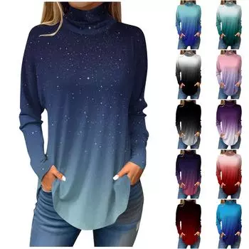 Футболки для женщин, осенние повседневные рубашки с длинными рукавами, толстовка с винтажным принтом, топ с высоким воротом, пуловер L чёрный