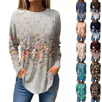 Футболки для женщин, осенние повседневные рубашки с длинными рукавами, толстовка с ретро-принтом, топ, пуловер S