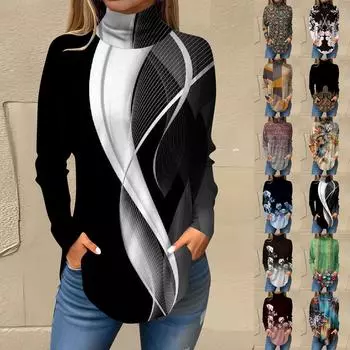 Футболки для женщин, осенние повседневные рубашки с длинными рукавами, толстовка с винтажным принтом, топ с высоким воротом, пуловер L армия зеленый