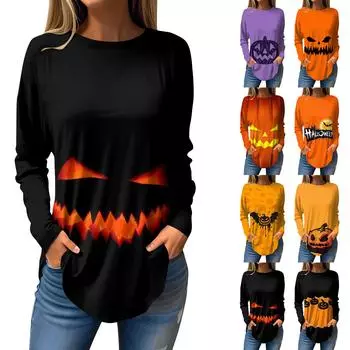 Футболки для женщин, осенние повседневные рубашки с длинным рукавом, толстовка с принтом на Хэллоуин, топ, пуловер M чёрный
