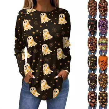 Футболки для женщин, осенние повседневные рубашки с длинными рукавами, толстовка, винтажный топ с графическим принтом, пуловер на Хэллоуин M