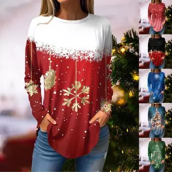 Футболки для женщин, осенние повседневные рубашки с длинными рукавами, толстовка с ретро-принтом, топ для рождественской вечеринки, пуловер L синий