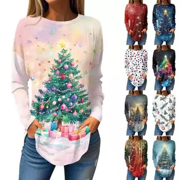 Футболки для женщин, осенние повседневные рубашки с длинным рукавом, толстовки с винтажным графическим принтом, топы, пуловеры, рождественские XL тёмно-синий